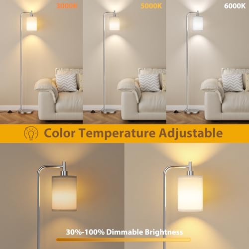 Image of Ziisee 64 inch Floor Lamp for Living Room with Remote Control, White Shade with Brushed Nickel Pole, Dimmable Tall Lamps for Bedroom Office Corner, 9W LED Bulb Included