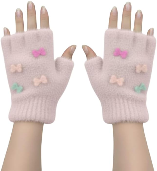 Women Woolen Gloves Half Finger Acrylic Angora Wool Knitted Plush Winter Mitten Gloves for Girls Winter Wrist Arm Warmer