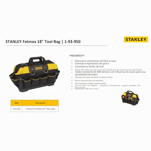 Miniatura 7 de Stanley Fatmax 1-93-950, Bolsa De Herramientas 46 X 23 X 28 Cm, Base Rígida Y Resistente Al Agua Con Correa Sólida Para El Hombro, Asa De Goma, Elástico Para Herramientas