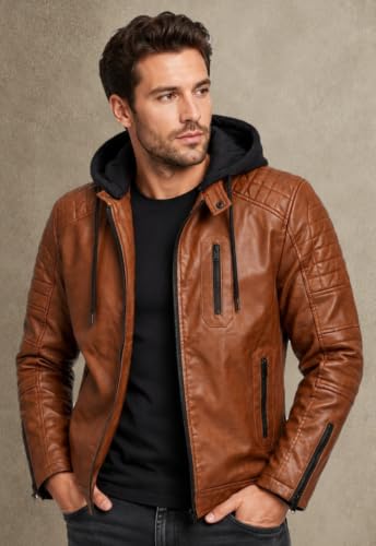 Image of Blaq Ash Men's Faux Leather Biker Jacket with Removable Hood, Quilted Shoulder, Dark Brown