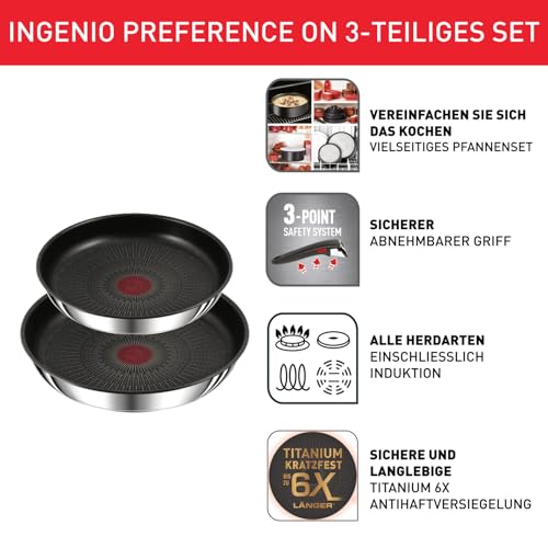 Foto von Tefal Ingenio Preference On 3-teiliges Pfannenset abnehmbarer Griff, 24/28 cm, stapelbar, platzsparend, Topfset Induktion mit Antihaftversiegelung, einfache Handhabung und Reinigung, L97493