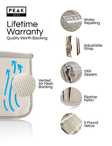 peak gear rfid neck wallet - the original travel pouch with adjustable crossbody strap  theft protection and lost amp found service  beige