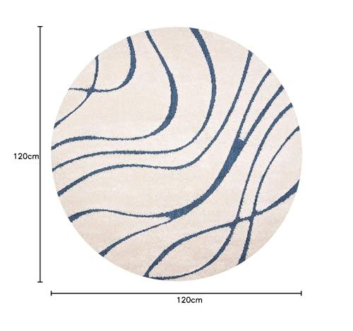 Image of Geometric Wave Round Shaggy Carpet for Living Room, Bedroom, High Low Design Finish Microfiber 1.8 Inch Pile High, 4x4 Feet Ivory|Blue Color