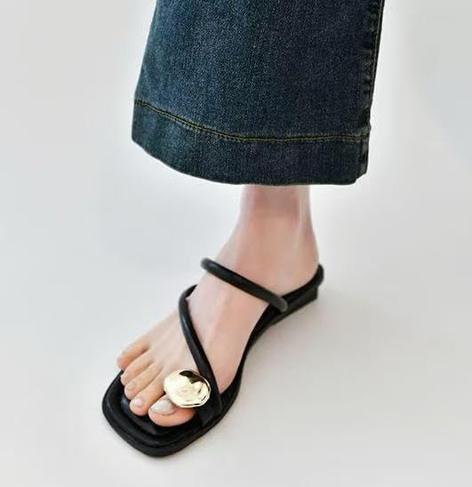 Women'S Strappy Flat Metal Toe Fashionable Square Clip Toe Slide Sandals Casual Summer Beach Slipper 1 Pair Black (Size 7.5-10