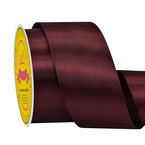 Image of Double Face Burgundy Satin Ribbon 2 inch X 25 Yards Polyester Burgundy Ribbon for Gift Wrapping Very Suitable for Weddings Party Invitation Decorations and More