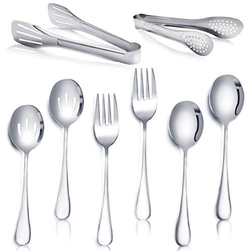 8 Pieces Stainless Steel Flatware Serving Utensils, Include 2 Serving Spoons, 2 Slotted Spoons, 2 Tongs And 2 Forks For Party Buffet Banquet Kitchen #TOP10