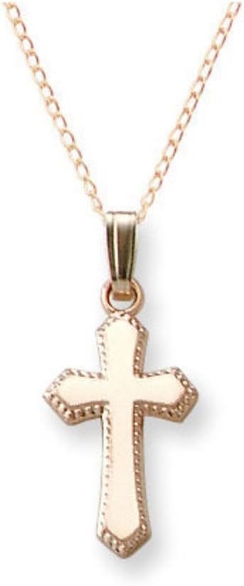 Child's & Kid's Solid & Real 14k (Karat) Yellow Gold-Filled Textured Cross With Beaded Edges Pendant Necklace, Children's Yellow Gold Textured & Beaded Cross Pendant On 15" (Inch) Long Rope Chain