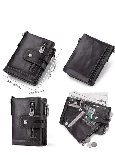 RFID Genuine Cowhide Leather Luxury Purse Casual Small Mini Leather Wallets Vintage Gents Men's Slim Wallet (Black), M3