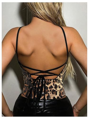 SHENHE Women's Y2K Leopard Print Halter Top Vintage Sparkly Sequin Open Back Cut Out Sexy Club Rave Crop Tops2