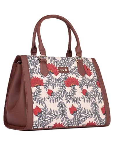 Image of ZOUK Nawabi Couture Floral Printed Jute Handcrafted Vegan Leather Brown Women's Handbag | Ladies Purse Handbag | Double Handle Detachable Strap