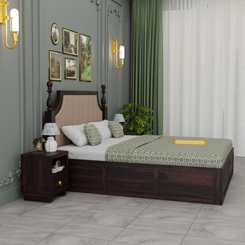 Image of Solid Sheesham Wood King Size Bed with Box Storage, Wooden Bed for Bedroom Cot Bed Furniture for Bedroom Home and Hotel (Classic Bed Walnut)