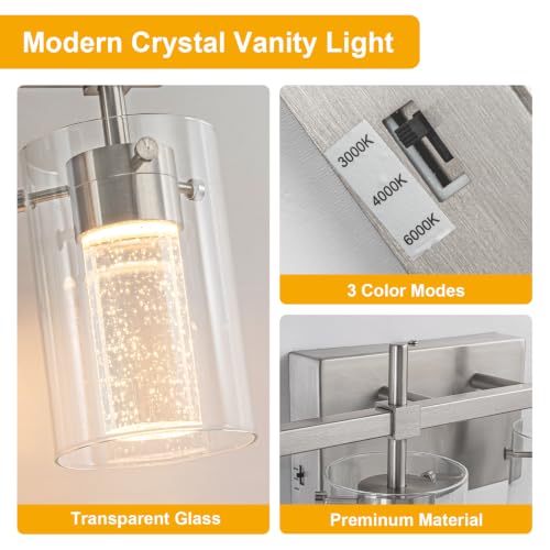Image of 4-Light Brushed Nickel Vanity Light with 3 Color Modes (3000K /4000K /6000K), Eye Protection LED Bathroom Light Fixture, Dimmable Modern Wall Light Over Mirror with Clear Glass Shade