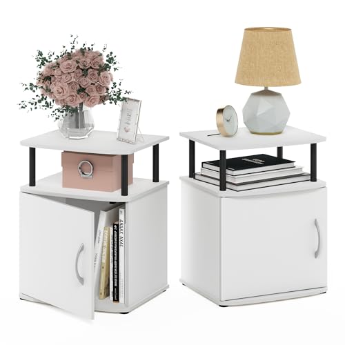 Image of Furinno Jaya Side Table Set of 2, 2-Tier Open Shelf End Table with Door Cabinet, Soft-Edges Night Stand, Bedside Table, for Living Room, Bedroom, White