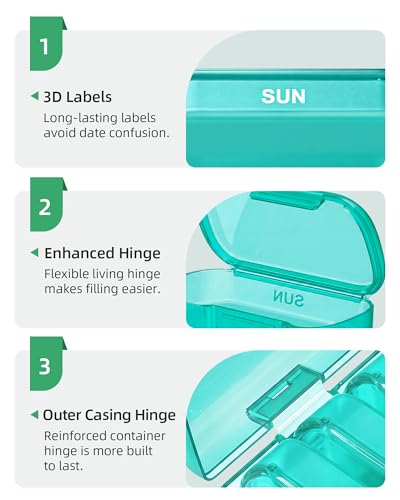 Image of PULIV Weekly Pill Organizer with Large Capacity, Dual Protection Pill Box 7 Day, Arthritis Friendly Pill Case Easy to Open, Medicine Organizer for Vitamins, Medications, Fish Oils, Supplements (Cyan)