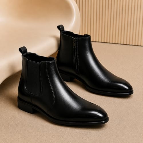 Image of Black Chelsea Boots for Men | Premium Leather Finish Ankle Boots with Side Zip & Elastic | Men's Formal Shoes, Casual Boots, Office Wear Stylish High Ankle Boot Shoes