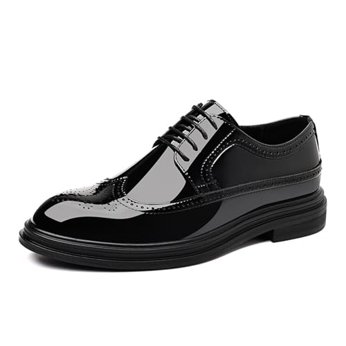 Men's Black Patent Leather Wingtip Dress Oxford Shoes Classic Modern Lace-up Plain Toe Business Casual Brogue Leather Shoes