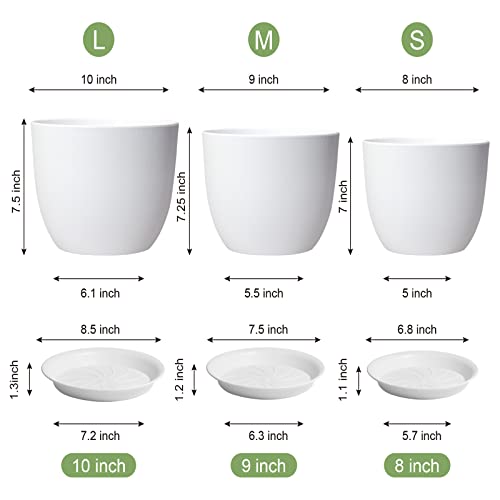 Wousiwer Plant Pots 10/9/8 Inch, Set Of 3 Modern Decorative Plastic Planters With Drainage Holes And Saucers For House Plants Indoor Flowers Plants, White #TOP1