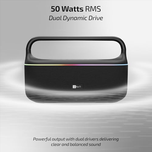 Image of iBall Dhun 180 Portable Bluetooth Speaker, 50W RMS, 5Hrs Playback, Dual Drivers, Dual EQ, Metal Handle, Powerful BASS, TWS Support, RGB Lights, Fabric Finish, Type-C, Call Function (Black)