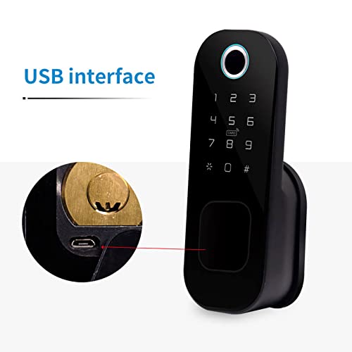 క్లోజ్-అప్ view of the USB interface on the Ozone Smart Rim Lock.