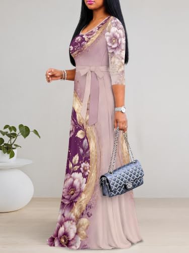 Image of Women's V Neck Floral Maxi Dress 3 /4 Sleeve Plus Size Boho Wrap Flowy Long Dresses with Belt