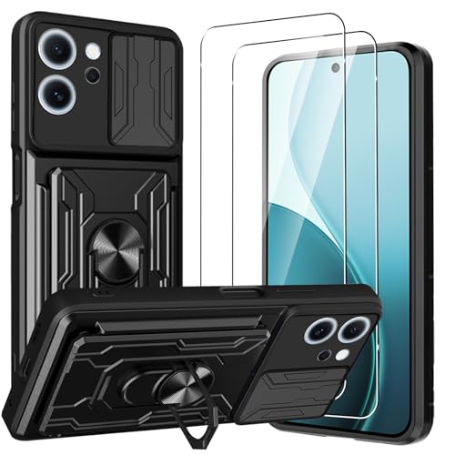 CONAPIKA Cover per Oppo Reno 14F 5G con 2 Pezzi Vetro Temperato, Magnetica Kickstand Protezione Fotocamera Slot per Schede Rigida Antiurto Cover Militare Resistente Robusta Custodie Protettiva,Nero
