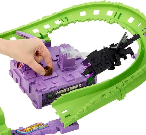 Image of Hot Wheels Toy Car Track Set, RacerVerse Minecraft Playset & Die-Cast Diamond Armor Steve in Minecart Vehicle, Launch & Race to Defeat Ender Dragon
