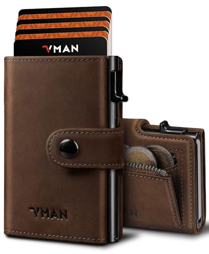 VMAN Portefeuille Homme, Portefeuille Slim avec Poche à Monnaie, Protection RFID, Portefeuille en Cuir Premium pour 8–11 Cartes, Petit Porte-Cartes pour Quotidien & Voyage – Marron Vintage