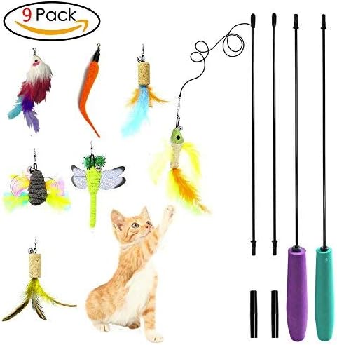Keklle Cat Feather Toy Cat Toy Wand Interactive Teaser Catnip Toys Set Mouse Bird Butterfly Dragonfly Worm Catcher for Cats Kitten, 9…