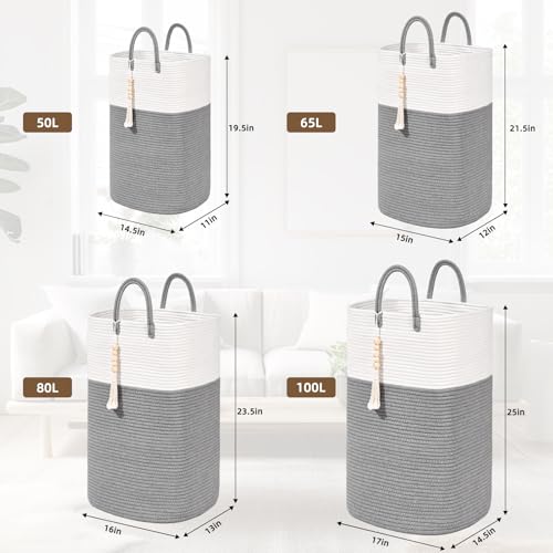 Woven Laundry Basket for Clothes, 65L Large Rectangle Laundry Hampers with Beads Tassel, Nursery Storage Basket for Toys, Tall Dirty Clothes Hamper for Bedroom Aesthetic, Laundry Room Organization by WENMER - Image 3
