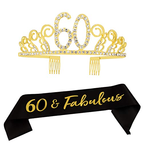 60th Birthday Tiara and Sash- 60 & Fabulous Black Satin Sash and Crystal Tiara Birthday Crown for 60th Birthday Party Supplies and Decorations (Sash+Tiara)/ Gold