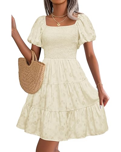 Image of dowerme Womens Summer Dresses 2025 Puff Short Sleeve Square Neck Smocked Floral Wedding Guest Mini Dress with Pockets