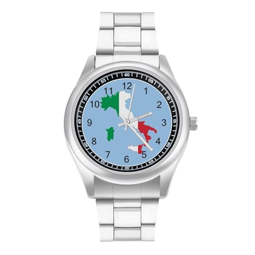 Reloj de pulsera de cuarzo personalizado con mapa de la bandera de Italia, reloj de pulsera de acero inoxidable con números arábigos para hombres y mujeres