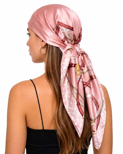 corciova 35 x 35 Satin Square Scarf for Women Silk-Feel Hair Wrap Pink Belt & Chain Print Bandana Neck Wrap Bag Accent & Fashion Accessory