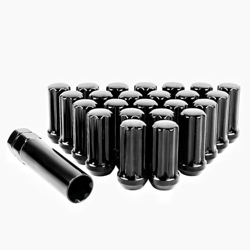 Set of 24 M14x1.5 Lug Nuts Black XL Spline Wheel Lug Nuts for 6 Lug Aftermaket Conical Bulge Seat Closed end with1 Socket Key Replacement for Silverado Tahoe Sierra F150