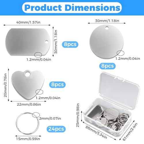 24 Stück Edelstahl Anhänger Blanko, Rund/rechteckig/herzförmig Stanzen Rohlinge Hundemarken, Dog Tags Schlüsselanhänger Blanko Metall Geeignet zum Stempeln und Gravieren für DIY-Halskettenanhänger