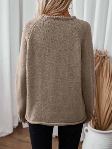 Image of Women Casual Long Sleeve Fall Sweaters Crew Neck Solid Color Soft Ribbed Knitted Curling Pullover