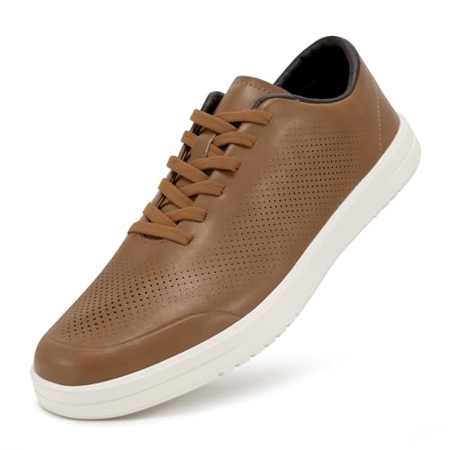 Men's Barefoot Dress Shoes — Zero Drop Comfort Breathable Micro-Perforated Learher, No Break-in Needed, Slip-On Elastic Laces for Business & Travel Size 13, Brown