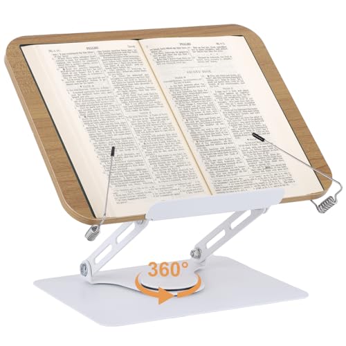 ASIEIT Book Stand for Reading, Adjustable Book Holder with 360° Swivel Base, Foldable Cookbook Stand with Elastic Page Clips for Kitchen, Office, Music Scores, Recipe, Magazines, Laptop - White