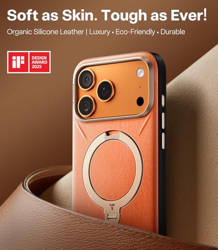 Image of TORRAS Q3 VegSkin for iPhone 17 Pro Max Case Leather, 360 Spin Magnetic Stand, Fit for MagSafe, Camera Control, Shockproof Premium Organic Silicone Leather Case for iPhone 17 Pro Max, Burnt Orange
