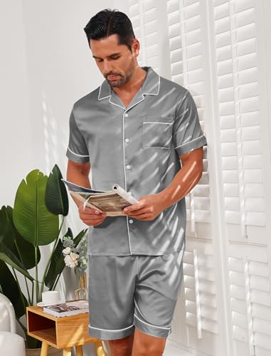 Vssjavun Mens Satin Silk Pajamas Sets Short Sleeve Button-Down Sleepwear Two Piece Loungewear with Pockets