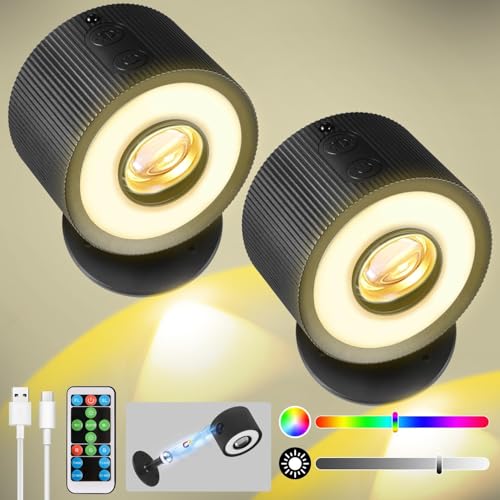 milfra Apliques Pared Interior,Lámpara de Pared LED con Puerto de Carga USB Control Táctil,RGB 7 Colores y Brillo Ajustable Lámparas de Pared Inalámbricas para Lectura de Cabecera,Negro 2 Piezas