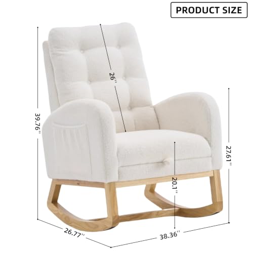 Image of Rocking Chair with Foot Rest, Nursery Rocking Chairs with Rubber Wood Legs, High Back Pocket Modern Upholstered Glider Chair, Comfy Accent Rocker Armchair for Living Room Bedroom,Beige White