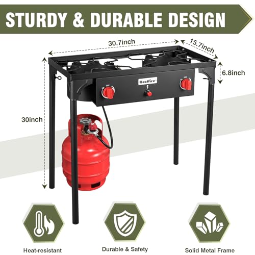 Image of BESTFIRE 2 Burner Camping Stove,150,000 BTU High Pressure Outdoor Propane,4ft 20 PSI Adjustable Regulator Hose With Removable Legs for Backyard Cooking Camping Home
