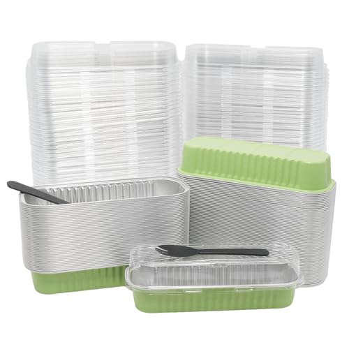 100 Pack 6.8oz Aluminum Cake Pans with Lids and Spoons, Light Green