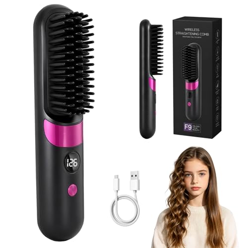 Brosse Lissante Sans Fil Brosse Chauffante Cheveux Court Fer à Lisser Portable con LCD Display 4Températures Réglable Soin Ionique Anti-Brûlure Idéal...