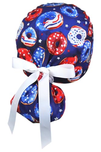 Image of Scrub Cap for Women and Men, Ponytail Scrub Caps, Working Hat, Head Cover with Ribbon Ties and Buttons, Long Hair