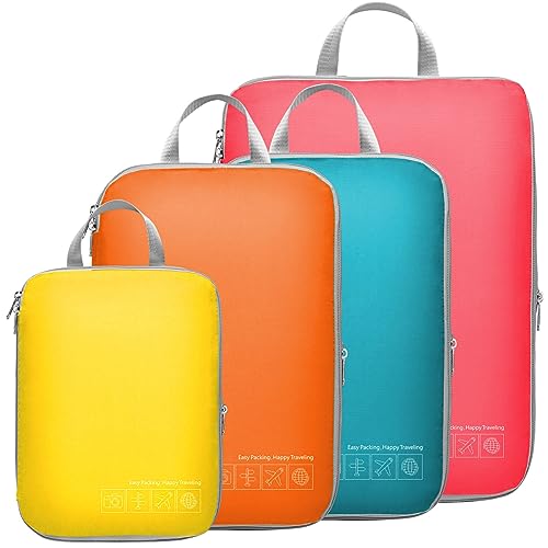 Cambond Compression Packing Cubes for Travel - 4 Piece Expandable Luggage Packing Organizers Bags Set, Lightweight Compression Cubes for Travel Essentials Carry on Suitcases, Multi-color by Cambond - Used condition - US$18.04