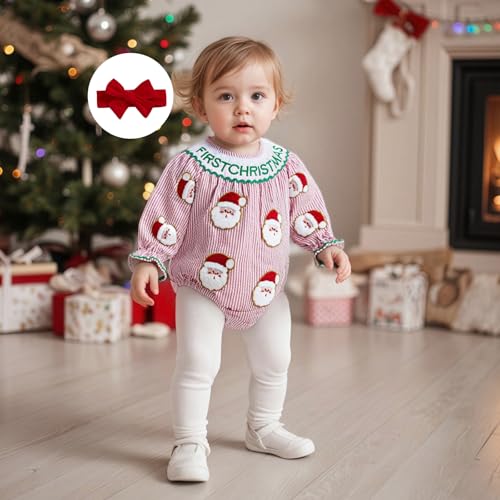 My First Christmas Baby Girl Outfit Santa Cute Claus Long Sleeve Crew Neck Striped Newborn Romper With Headband2
