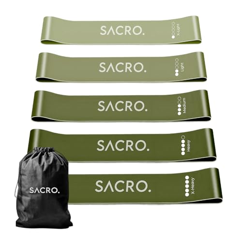 SACRO. Bandas Elásticas Musculación para Glúteos y Piernas – Set 5 Gomas de Resistencia (X-Light a X-Heavy) – Fitness, Pilates, Yoga, Entrenamiento Tren Inferior