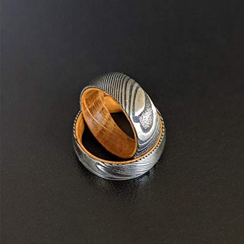 Pillar Styles Silver Whiskey Barrel Rings With Damascus Steel 8Mm Whiskey Wood Rings For Men thumb #1